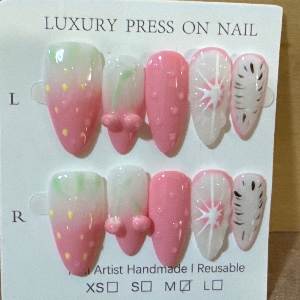 Luxury Press On Nails Pink Fruit Strawberry Cherry 3D Reusable Almond Size M